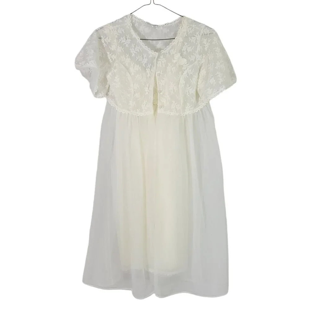 Vintage Miss Siren Peignoir Gown Robe Set Beige Nylon Chiffon Sheer Lace Small
